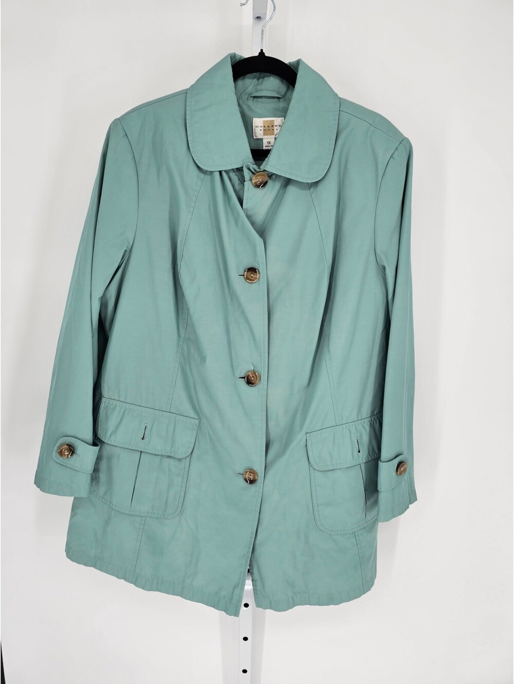 Gallery Women's Light Teal Long Sleeve Button-Up Trench Coat Size 1X